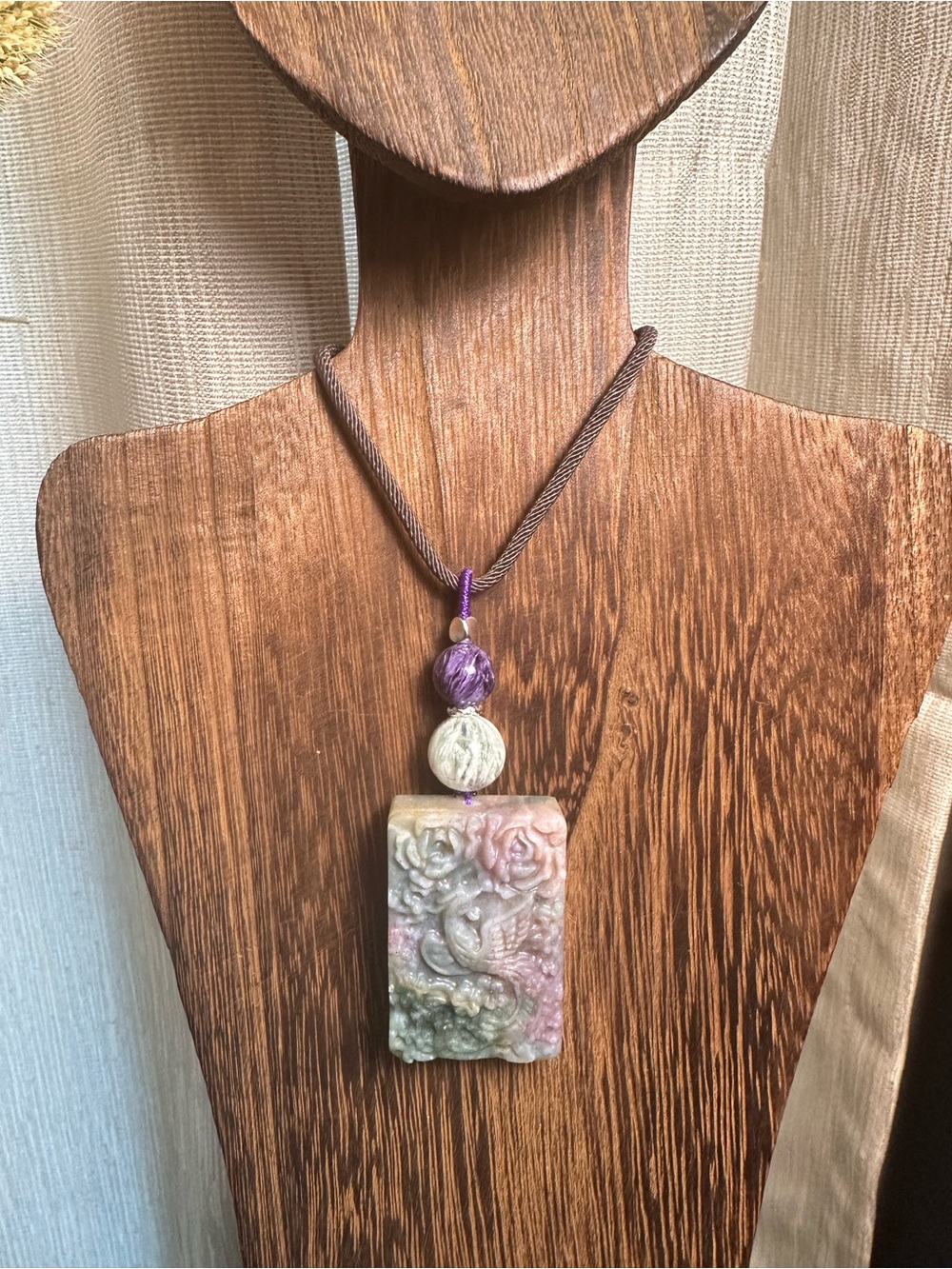 Ocean Jasper Phoenix Pendant Necklace with Feather Fluorite on Brown Rope - Picture 12 of 15